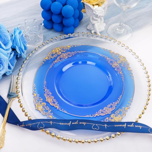 Joyido 102PCS Blue Plastic Plates - Royal Gold Disposable Plates - Clear Blue Party Plate - Heavyweight Disposable Plate with Gold Rim - Fancy Dinner & Dessert Plates for 51 Guests Party Wedding - Image 2