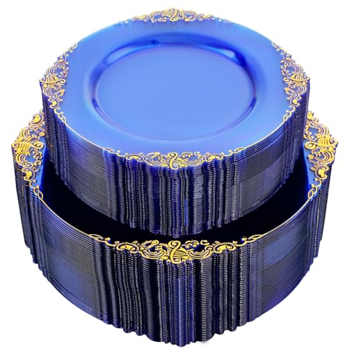 Joyido 102PCS Blue Plastic Plates - Royal Gold Disposable Plates - Clear Blue Party Plate - Heavyweight Disposable Plate with Gold Rim - Fancy Dinner & Dessert Plates for 51 Guests Party Wedding - Image 1