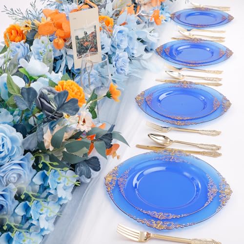 Joyido 102PCS Blue Plastic Plates - Royal Gold Disposable Plates - Clear Blue Party Plate - Heavyweight Disposable Plate with Gold Rim - Fancy Dinner & Dessert Plates for 51 Guests Party Wedding - Image 5