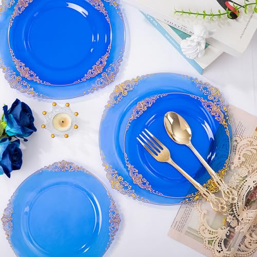 Joyido 102PCS Blue Plastic Plates - Royal Gold Disposable Plates - Clear Blue Party Plate - Heavyweight Disposable Plate with Gold Rim - Fancy Dinner & Dessert Plates for 51 Guests Party Wedding - Image 4