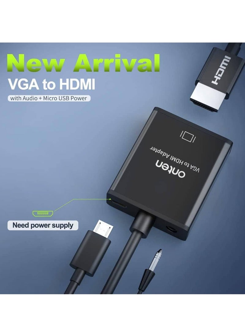 onten VGA to HDMI Adapter, Onten 1080P VGA to HDMI (Male to Female) for Computer, Desktop, Laptop, PC, Monitor, Projector, HDTV with Audio Cable and USB Cable (Black) - Image 2