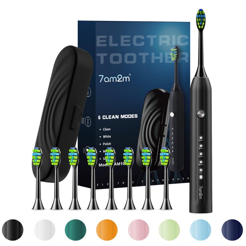 7AM2M Sonic Electric Toothbrush for Adults and Kids, with 8 Brush Heads and Travel Case,5 Modes with 2 Minutes Build in Smart Timer, One Charge Use for 90 Days, Rechargeable Toothbrushes(Black) - Image 1