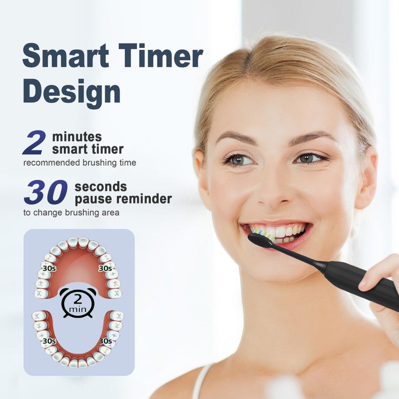 7AM2M Sonic Electric Toothbrush for Adults and Kids, with 8 Brush Heads and Travel Case,5 Modes with 2 Minutes Build in Smart Timer, One Charge Use for 90 Days, Rechargeable Toothbrushes(Black) - Image 5