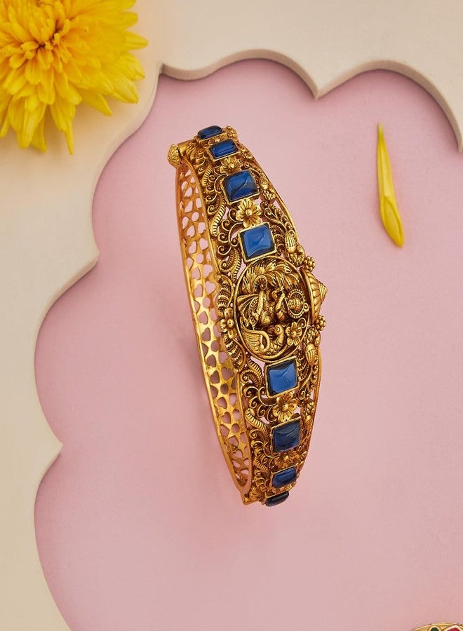 KUSHAL'S Fashion Jewellery Blue Sapphire Gold Plated Antique Kada for Women with Secure Lock, Bridesmaids & Special Occasion Jewellery - 442864 - Image 2