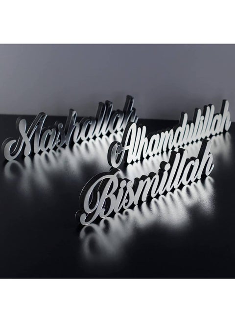 Bismillah Alhamdulillah Mashallah Free Standing Wooden Decors with Shiny Acrylic Finish Set of 3 Silver