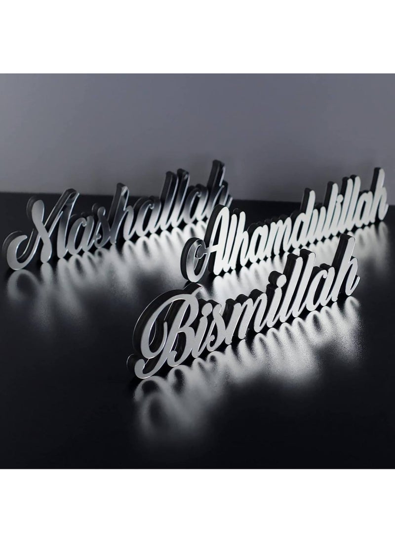 Bismillah Alhamdulillah Mashallah Free Standing Wooden Decors with Shiny Acrylic Finish Set of 3 Silver