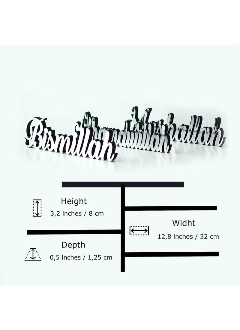 Bismillah Alhamdulillah Mashallah Free Standing Wooden Decors with Shiny Acrylic Finish Set of 3 Silver