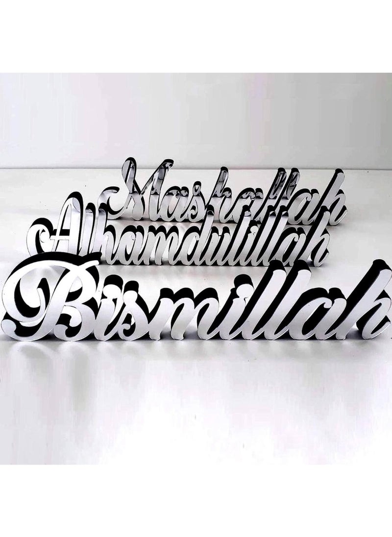 Bismillah Alhamdulillah Mashallah Free Standing Wooden Decors with Shiny Acrylic Finish Set of 3 Silver