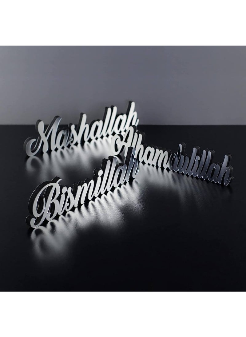 Bismillah Alhamdulillah Mashallah Free Standing Wooden Decors with Shiny Acrylic Finish Set of 3 Silver