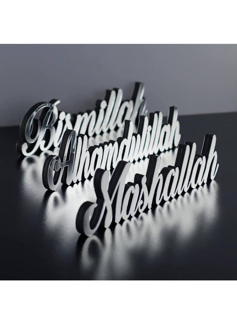 Bismillah Alhamdulillah Mashallah Free Standing Wooden Decors with Shiny Acrylic Finish Set of 3 Silver