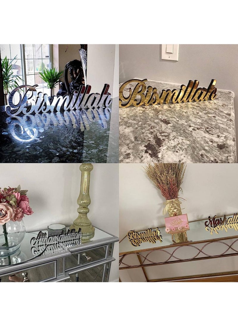 Bismillah Alhamdulillah Mashallah Free Standing Wooden Decors with Shiny Acrylic Finish Set of 3 Silver