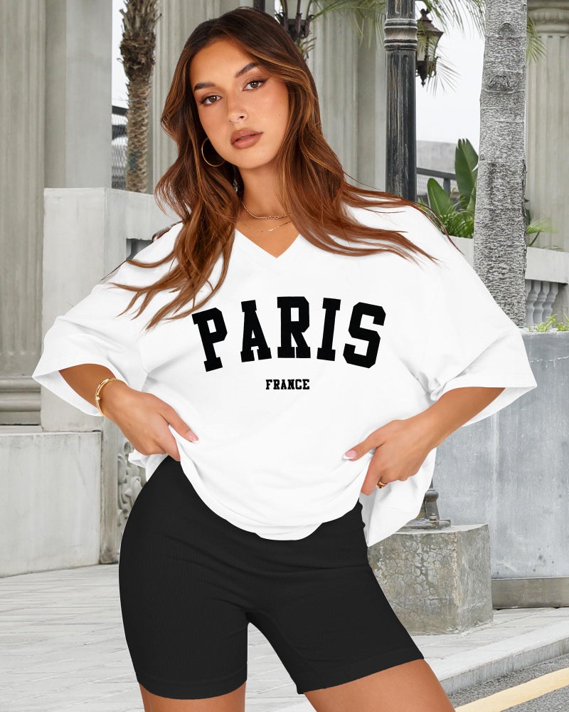 rosemia Oversized Tshirts for Women V Neck Short Sleeve Summer Casual Basic Loose Tops, White Black Letters, 2XL - Image 2