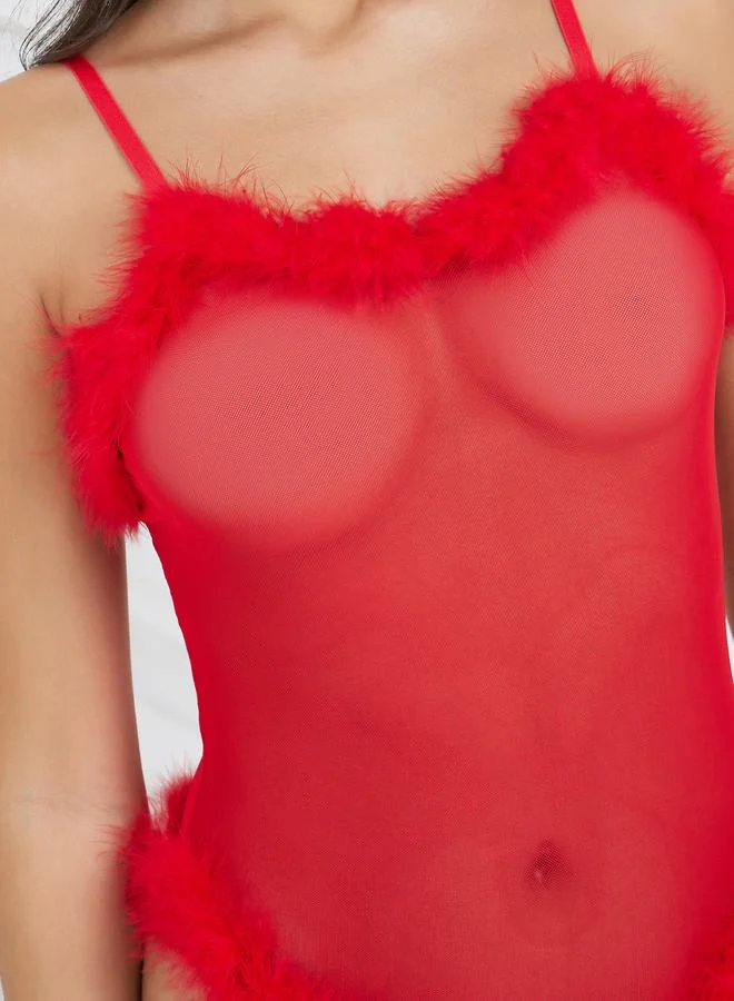 Styli Faux Feather Trim Mesh Bodysuit