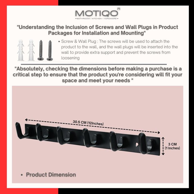 MOTIQO خطاف الحمام MOTIQO على شكل L 6 دبابيس حامل ملابس حائط غرفة النوم الحمام خطاف رداء لتعليق المفاتيح والملابس (أسود - مجموعة - 3) - Image 3