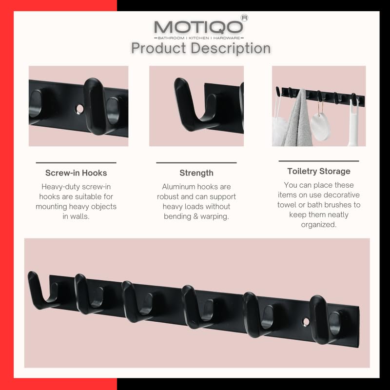 MOTIQO خطاف الحمام MOTIQO على شكل L 6 دبابيس حامل ملابس حائط غرفة النوم الحمام خطاف رداء لتعليق المفاتيح والملابس (أسود - مجموعة - 3) - Image 5