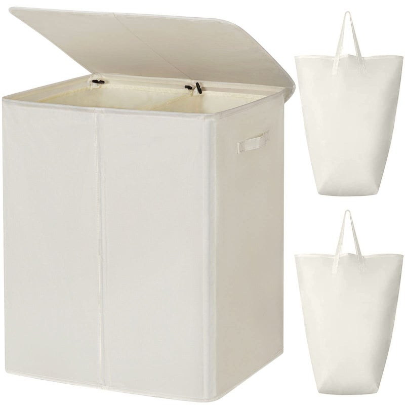 WOWLIVE 154L Double Laundry Hamper with Lid and Removable Laundry Bags Large Dirty Clothes Hamper 2 section Collapsible Laundry Basket Dorm Room Storage for Bedroom Bathroom CollegeBeige - Image 2