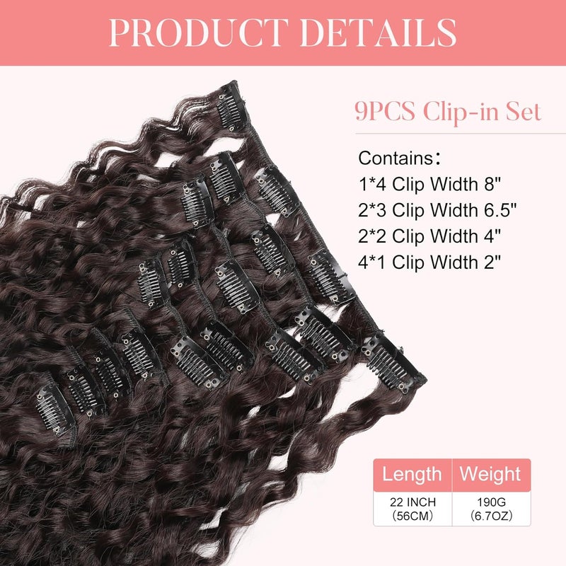 Flufymooz Clip-In Hair Extensions, 22 Inch Clip-In Hair Extensions, Curly Hair Extensions, Long, Soft Synthetic Hairpieces for Women, Dark Reddish Brown, Pack of 9 - Image 3