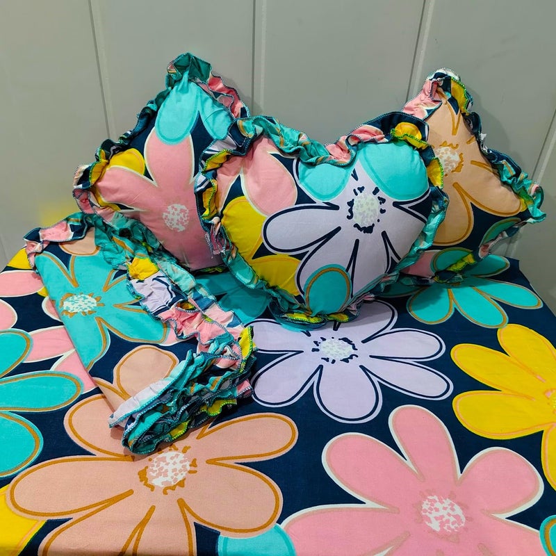 JBTC Home Bedding Set, 6 Piece, 90x100 Inches, with Frilly Pillowcases and Filled/Frilly Cushions.6 Piece Bedsheet Set.Complete Bedding Sets Double Queen Size,(6PC Set-1+2+2+1) (Multicolor) - Image 1