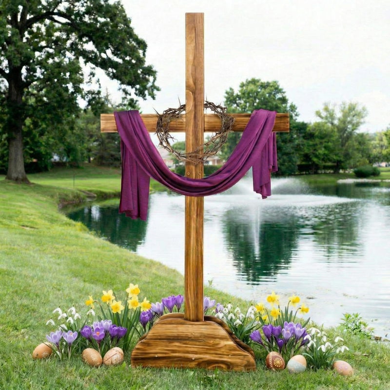 Lineshading 59 Inch Extra Large Easter Wood Cross Decoration Standing Cross Jesus Christ Catholic Crafted He Is Risen Outdoor Decor for Party Wedding Christmas Communion Church - Image 1