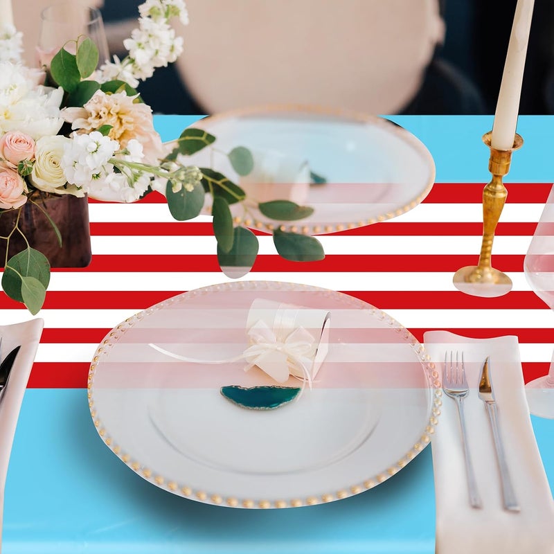 Oudain 3 Pcs Striped Tablecloth 108 x 54 Inch Rectangle Table Cover Disposable Plastic Table Cloth Waterproof Rectangle Tablecloth Plastic Table Cover for Birthday Wedding Brida (Red White Blue) - Image 4