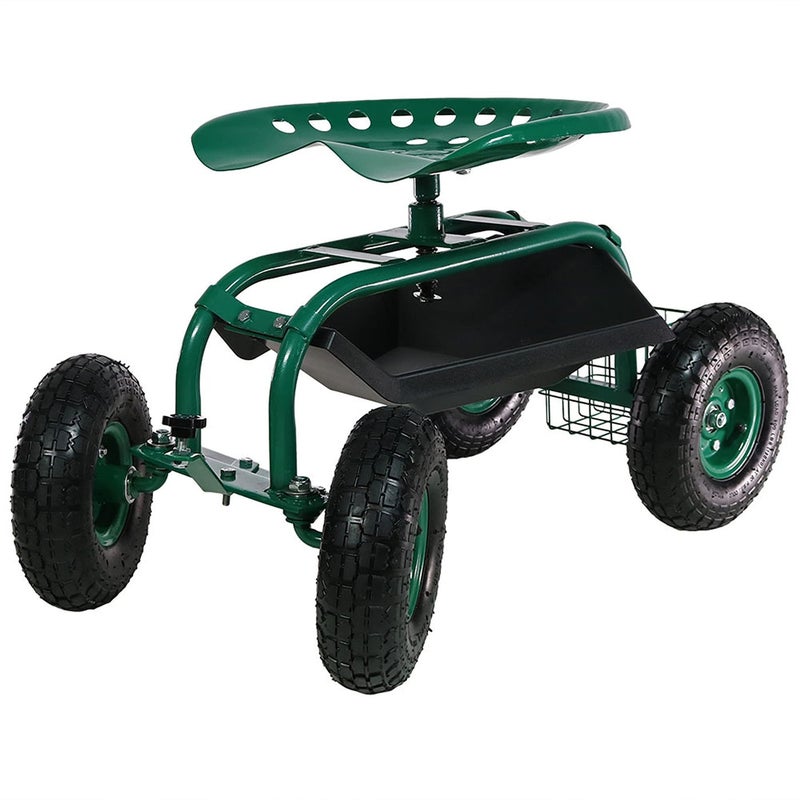 Sunnydaze Rolling Gardening Cart with Adjustable 360Degree Swivel Seat Utility Tool Tray and Storage Basket Green