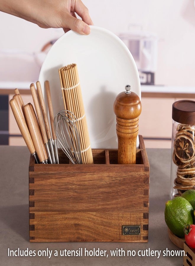 SANOSY Acacia Wood Utensil Holder, Paper Plate Dispenser Organizer for Countertop - 4 Compartment Silverware Caddy for Friendsgiving Party - Cutlery Holder for Cup, Fork, Spoon, Kitchen, Camping, Buffet - Image 3