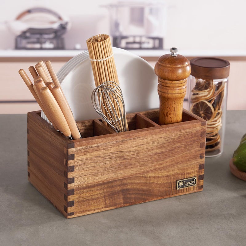 SANOSY Acacia Wood Utensil Holder, Paper Plate Dispenser Organizer for Countertop - 4 Compartment Silverware Caddy for Friendsgiving Party - Cutlery Holder for Cup, Fork, Spoon, Kitchen, Camping, Buffet - Image 1