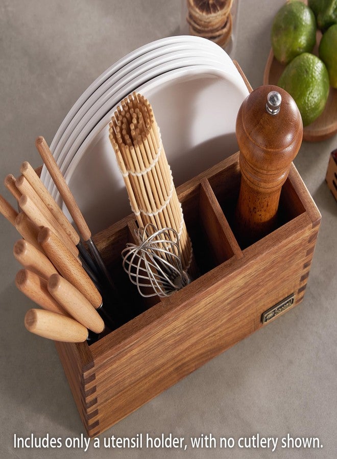 SANOSY Acacia Wood Utensil Holder, Paper Plate Dispenser Organizer for Countertop - 4 Compartment Silverware Caddy for Friendsgiving Party - Cutlery Holder for Cup, Fork, Spoon, Kitchen, Camping, Buffet - Image 4