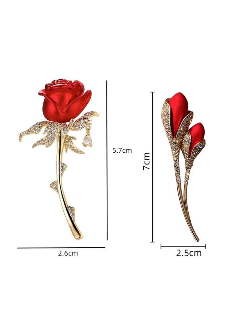 Excefore Rose Flowers Brooches Pins Women's Fashion Crystal Pins Tulip Brooch Alloy Rhinestone Leaf Brooch, Lapel Pins Dress Suit Bouquet Ceremony Accessories Jewelry, 2PCS - Image 5