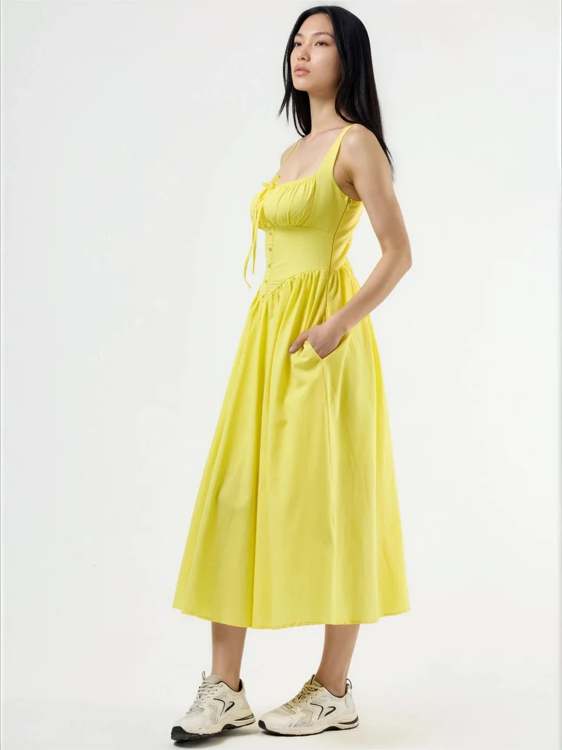 بوسيم BUSEM Midi Dress with Square Collar and Button Detail