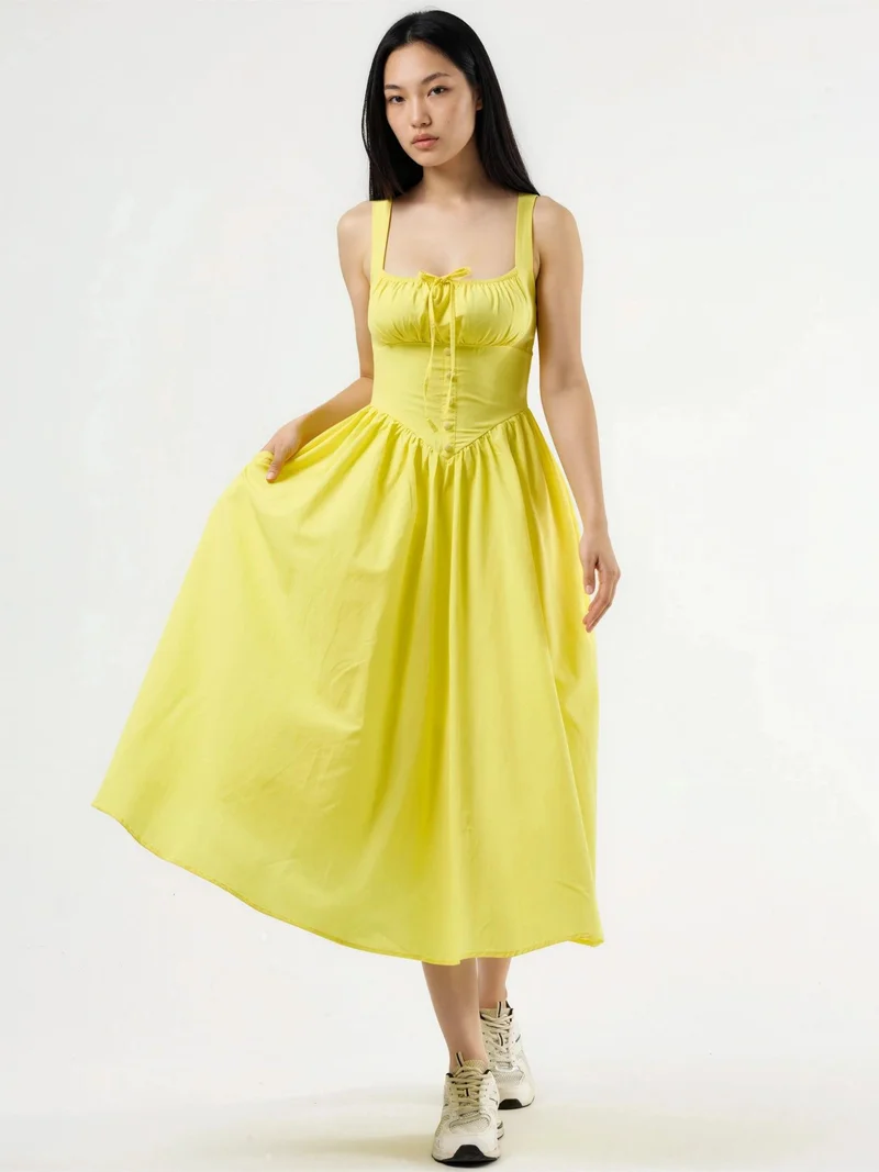 بوسيم BUSEM Midi Dress with Square Collar and Button Detail