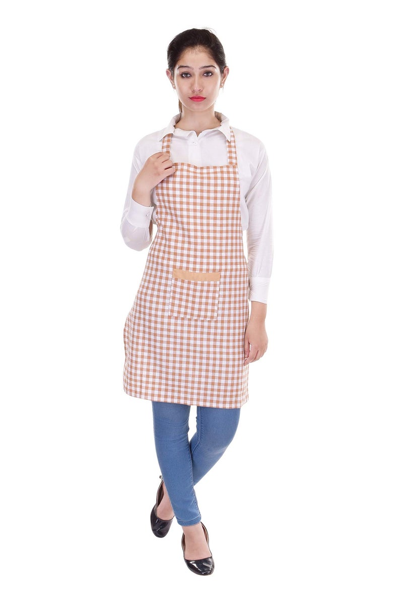 Switchon Cotton Kitchen Apron with Cap (Brown and White, Free Size) - Image 3