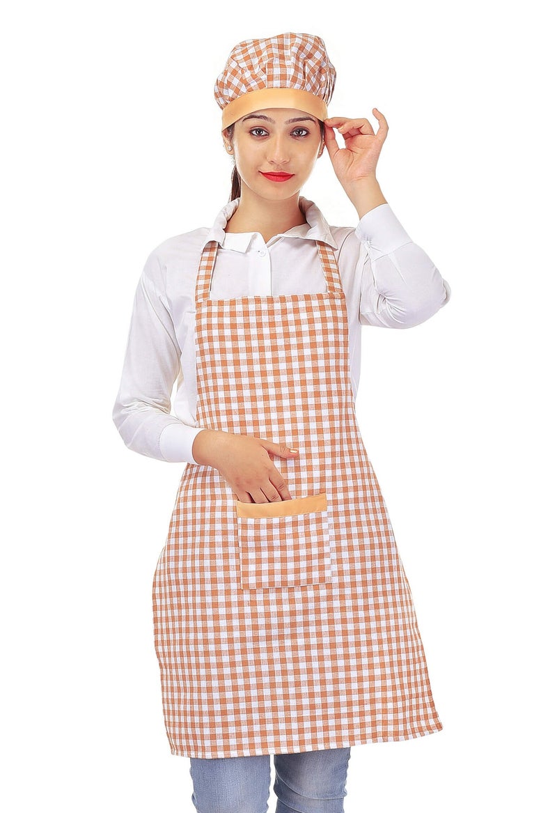 Switchon Cotton Kitchen Apron with Cap (Brown and White, Free Size) - Image 5