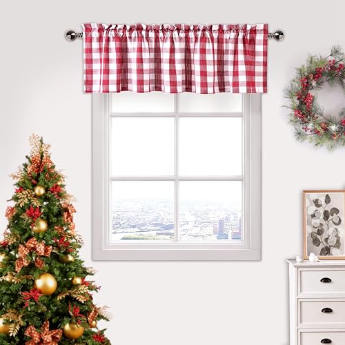 Amzdecor Red White Buffalo Plaid Valance Linen Sheer Cafe Curtain Buffalo Check Plaid Rod Pocket Rustic Farmhouse Kitchen Window Treatment for Living Room Bedroom,1 Panel, 55''x15'',Burgundy and White - Image 1