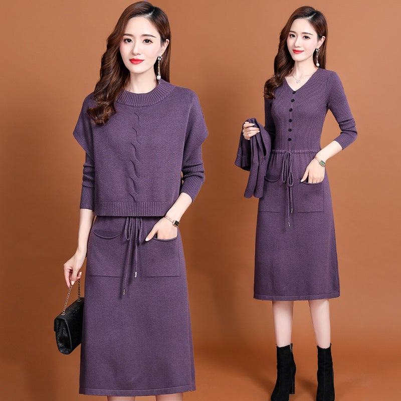 Knitted Dress Womens Autumn and Winter 2023 New Korean-style Tight Waist Slimming Two-piece Suit Sweater Dress Inner Base Skirt Purple