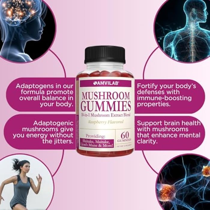 AMVILAB Mushroom Gummies Supplement – 10-in-1 Mushroom Extract Blend with Lion’s Mane, Shiitake, Maitake & Morel – Brain, Focus & Immune Support – Raspberry Flavor – 60 Vegan Gummies - Image 3