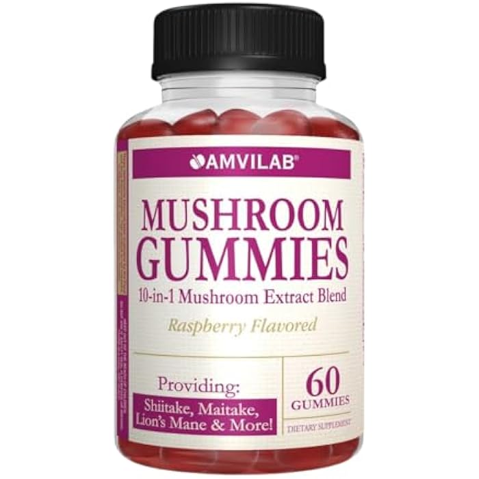 AMVILAB Mushroom Gummies Supplement – 10-in-1 Mushroom Extract Blend with Lion’s Mane, Shiitake, Maitake & Morel – Brain, Focus & Immune Support – Raspberry Flavor – 60 Vegan Gummies - Image 1
