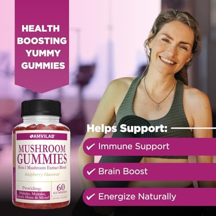 AMVILAB Mushroom Gummies Supplement – 10-in-1 Mushroom Extract Blend with Lion’s Mane, Shiitake, Maitake & Morel – Brain, Focus & Immune Support – Raspberry Flavor – 60 Vegan Gummies - Image 2