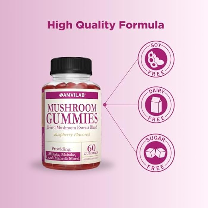 AMVILAB Mushroom Gummies Supplement – 10-in-1 Mushroom Extract Blend with Lion’s Mane, Shiitake, Maitake & Morel – Brain, Focus & Immune Support – Raspberry Flavor – 60 Vegan Gummies - Image 5