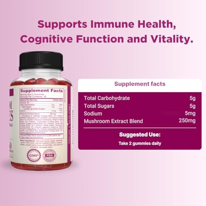 AMVILAB Mushroom Gummies Supplement – 10-in-1 Mushroom Extract Blend with Lion’s Mane, Shiitake, Maitake & Morel – Brain, Focus & Immune Support – Raspberry Flavor – 60 Vegan Gummies - Image 4