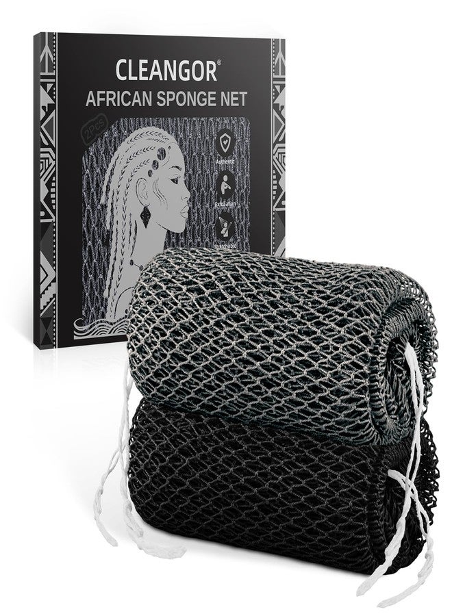 Cleangor 2Pcs African Net Sponge Authentic with Knots - Exfoliating Body Scrubber for All Skin Types, African Bath Sponge, Wash Cloth, Gentle Exfoliation Shower Rag for Women Daily Use (Black & Slate) - Image 1