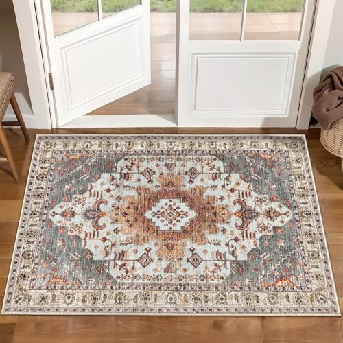 Tangsoo Vintage Rug 2x3 Washable for Entryway Non Slip Small Area Rug Indoor Front Door Print Distressed Turmeric Door Mat Carpet Soft Low Pile Rugs for Entrance Kitchen Bedroom Bathroom - Image 1