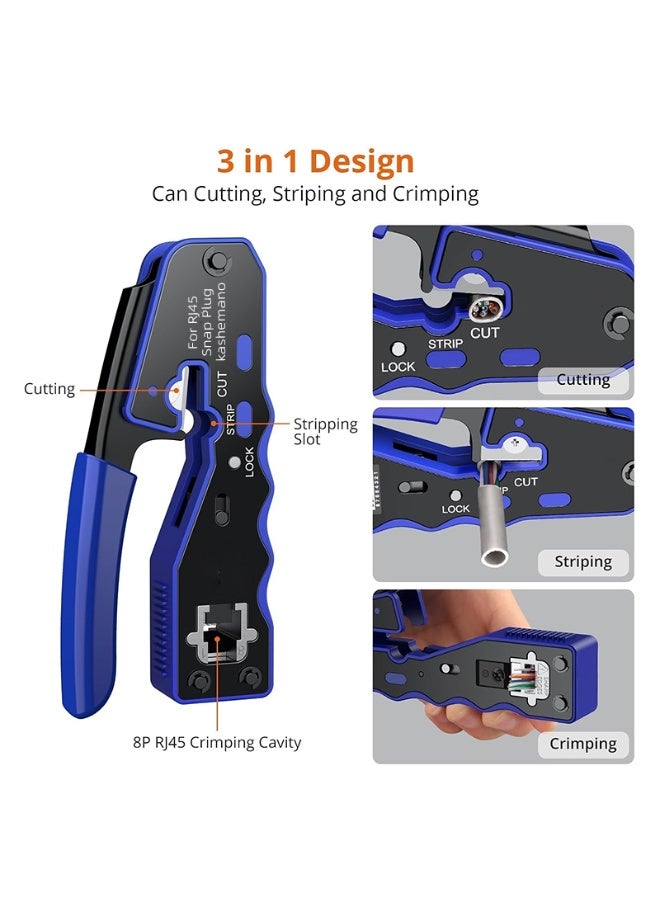 kashemano RJ45 Pass Through All-in-One Crimping Tool for LAN Cables,8P CAT5 CAT6,Blue - Image 3