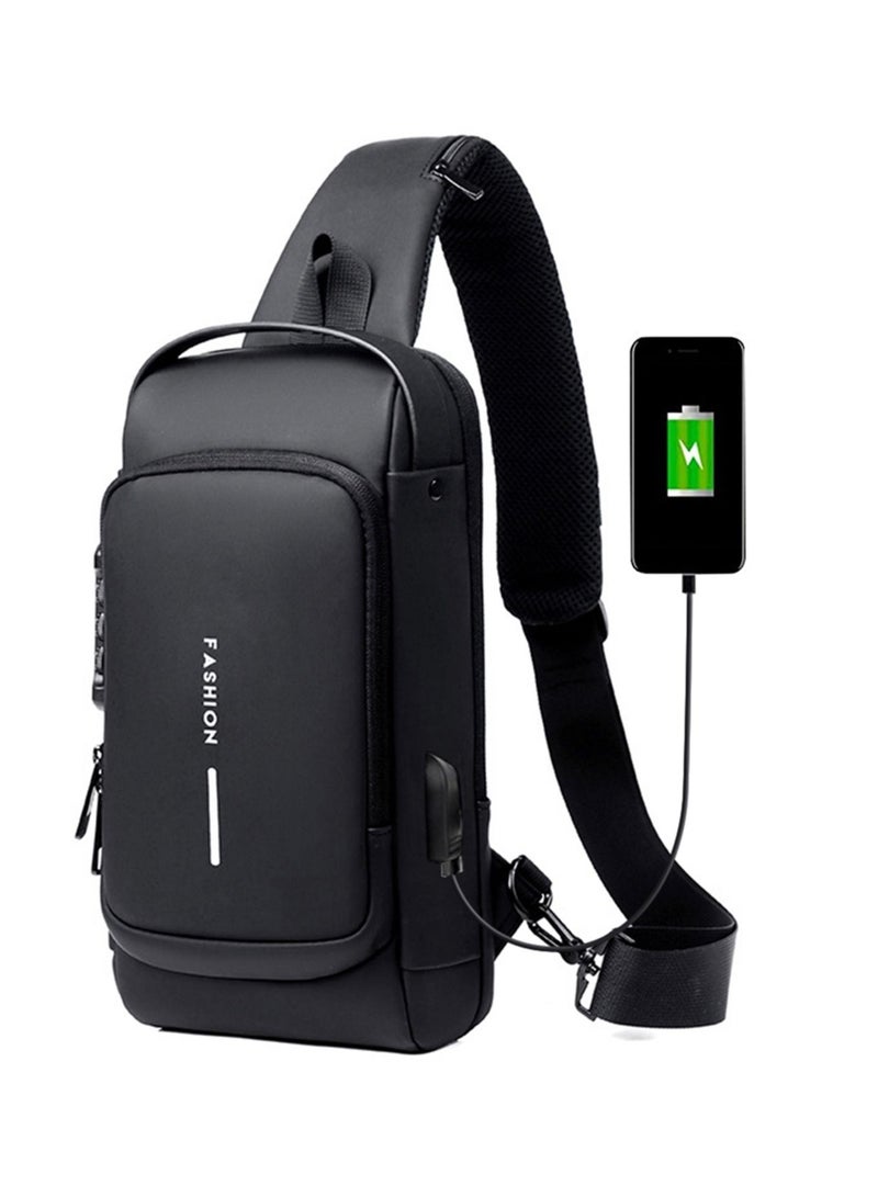 FASHION Men Women Sling Bag Pack with Lock Waterproof Anti-theft Chest Bag with USB Charging Port Shoulder Bag Crossbody Backpack - Image 1