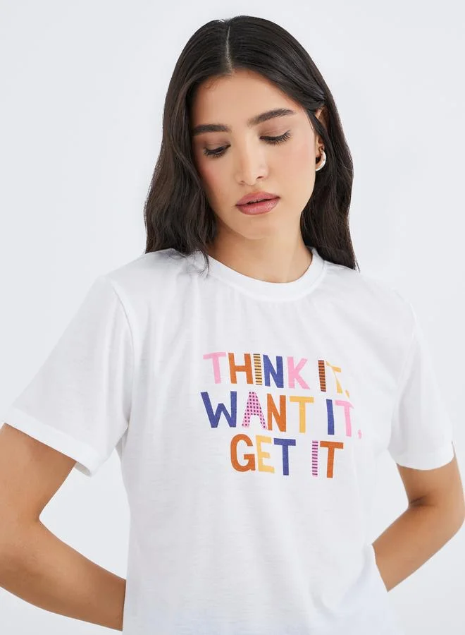 تايك تو تيشيرت دائري بطبعة شعار خذ مرتين