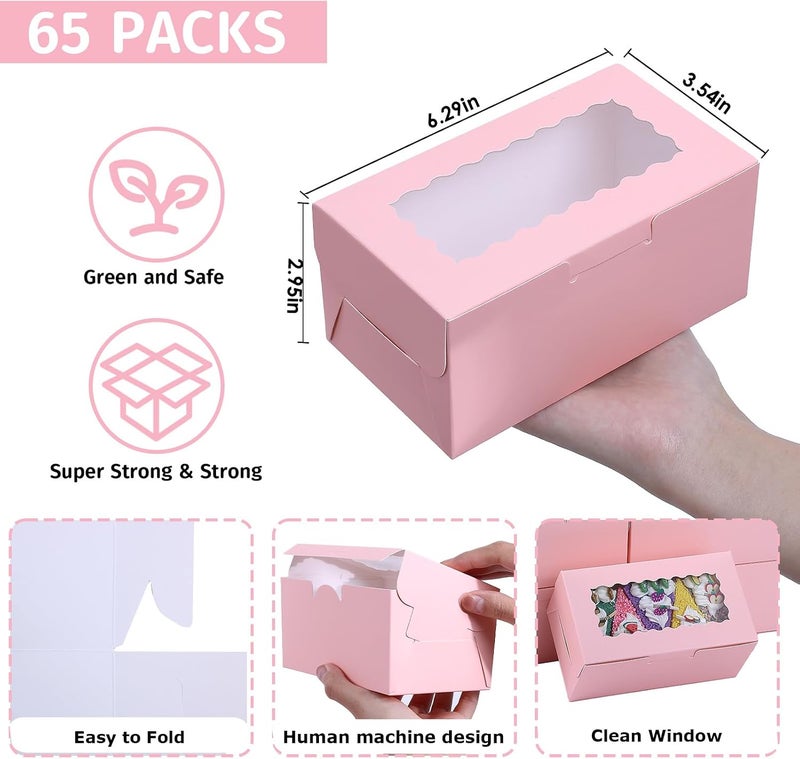Ybaoo 65 PCS Pink Bakery Boxes with Window 6.29x3.54x2.95 Inches Cookie Boxes Small Pastry Boxes for Candy, Cupcake Boxes,Candy Box,Cake Boxes,Treat Boxes,Dessert Boxes,Small Gift Box for Party(Pink) - Image 3