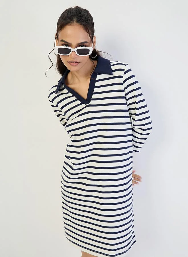 Femmella  Navy Striped Polo Knit Knee Length Dress for Women | Best Price UAE