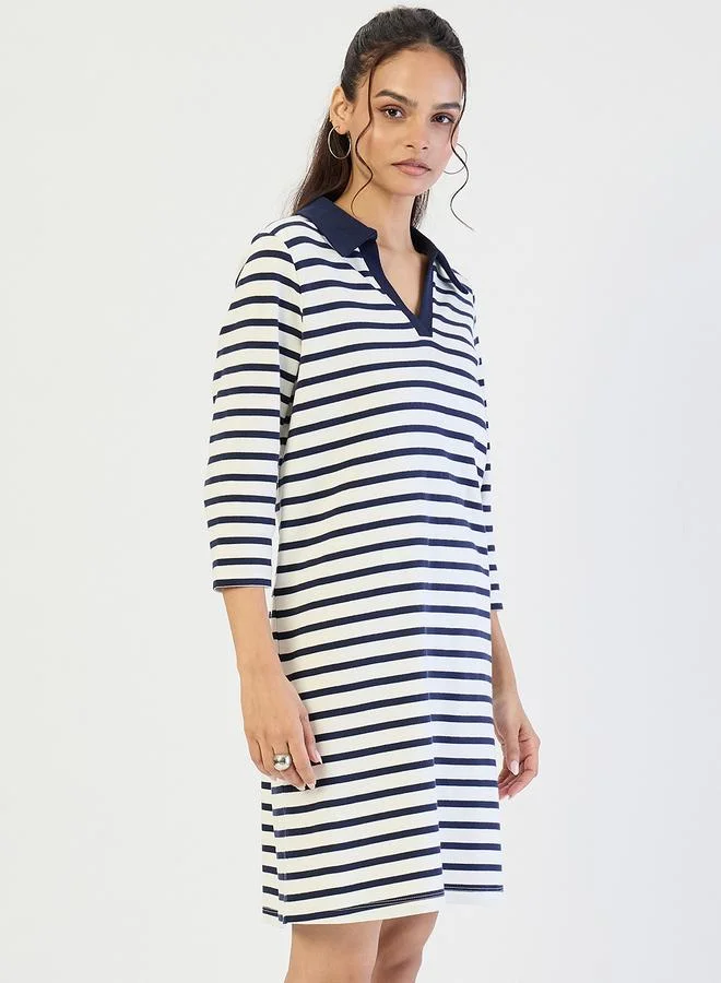 Femmella Navy Striped Polo Knit Knee Length Dress