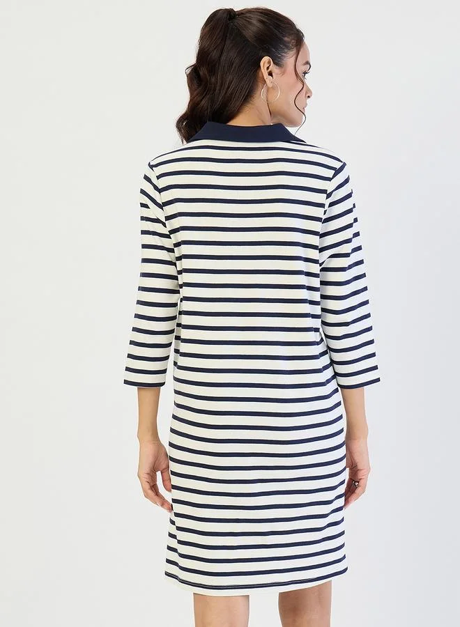 Femmella  Navy Striped Polo Knit Knee Length Dress for Women | Best Price UAE