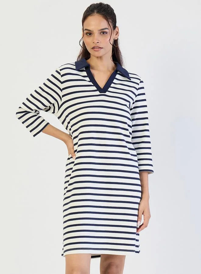 Femmella Navy Striped Polo Knit Knee Length Dress